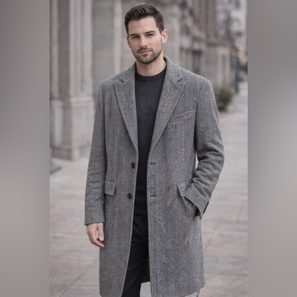 Vintage Gianni‎ Feraud Herringbone Overcoat Wool Blend Long Coat Men's Medium